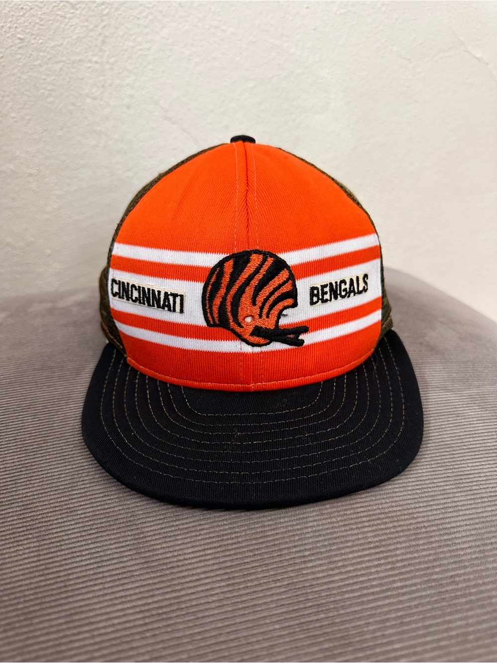 VTG AJD Super Stripe Hat Cincinnati Bengals Snap Back Trucker Flimsy Bill